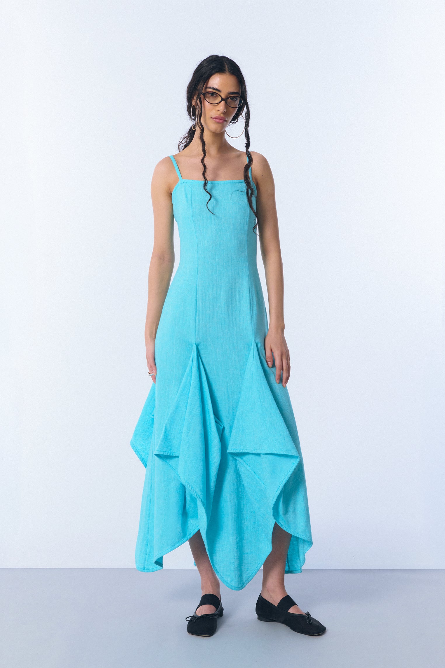 TURQUOISE HERRINGBONE LINEN “TENDAL” DRESS L