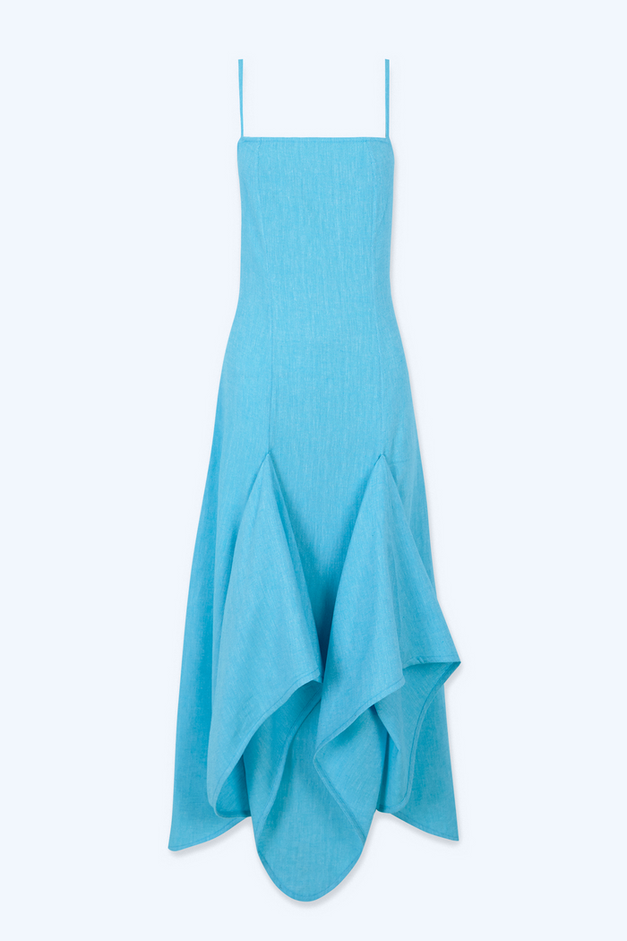 Vestido "tendal" en lino de espiga turquesa