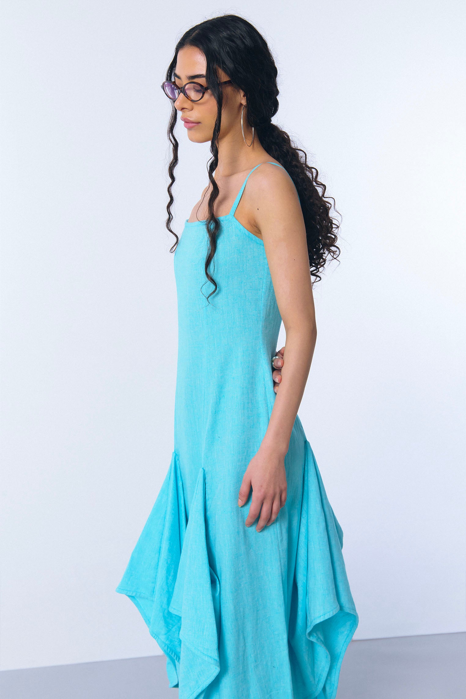 Vestido "tendal" en lino de espiga turquesa